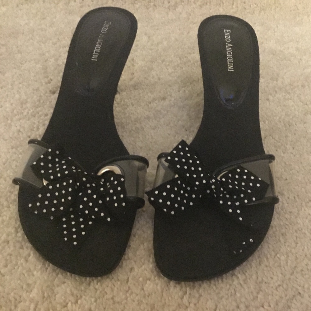 Enzo Angiolini heeled Sandals. Black W/ Bow and Clear Very Good Condition Sz 9.5